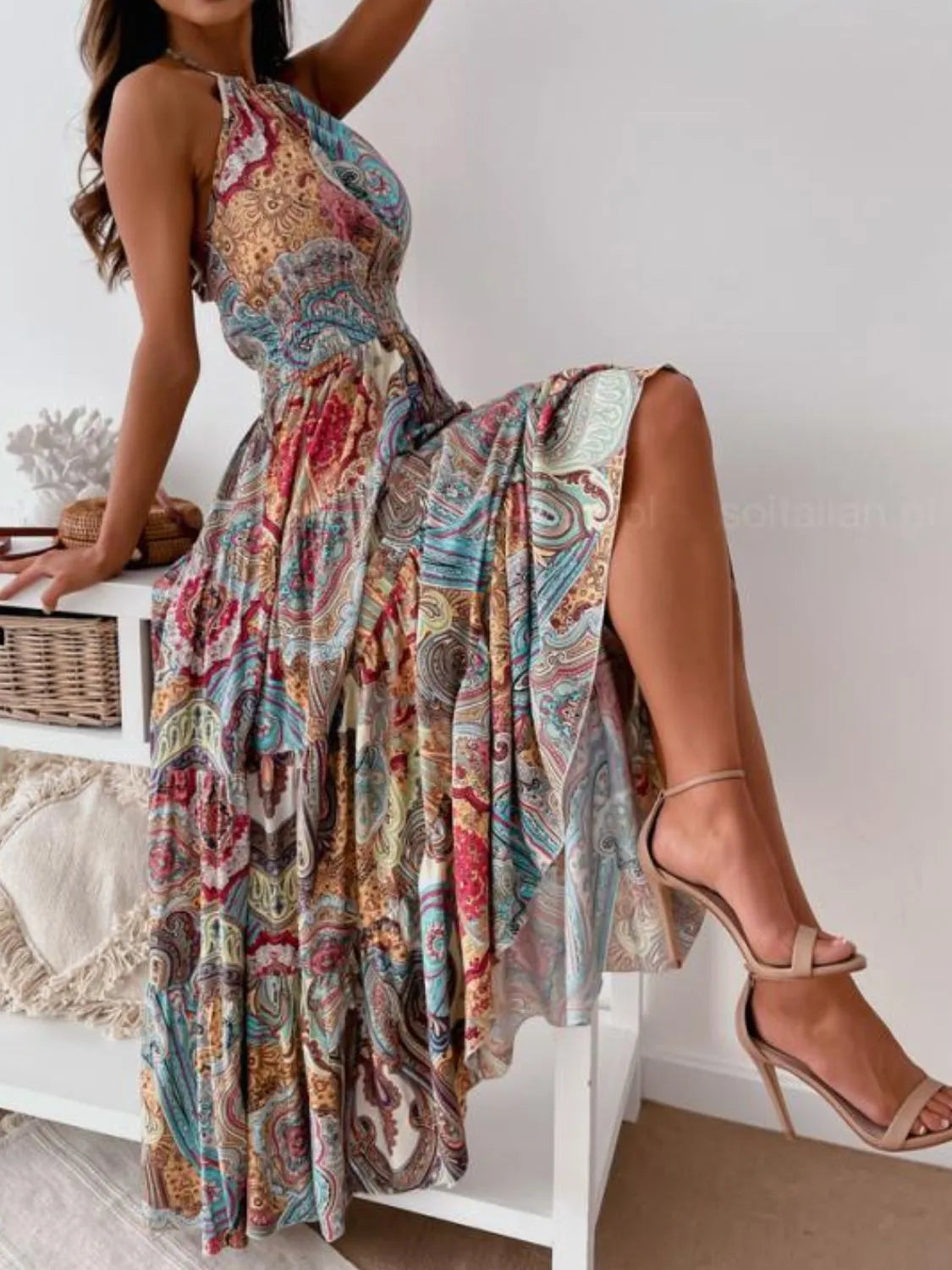 Printed Halter Maxi Dress Blue Flower