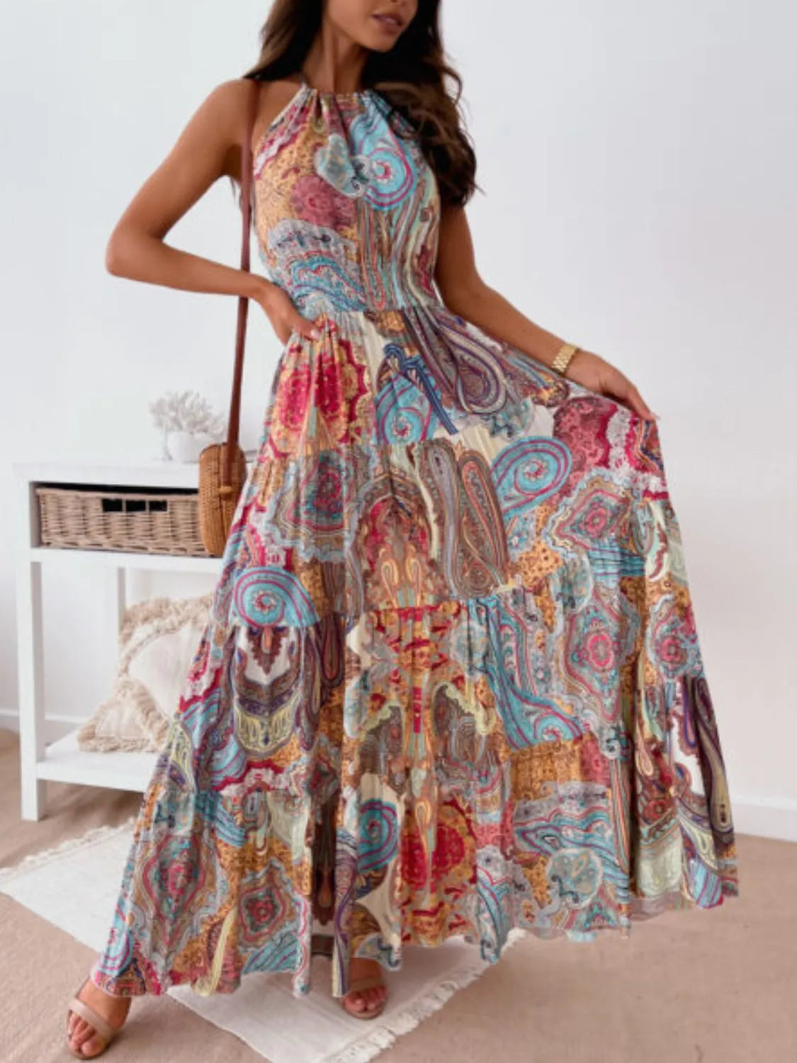 Printed Halter Maxi Dress Blue Flower