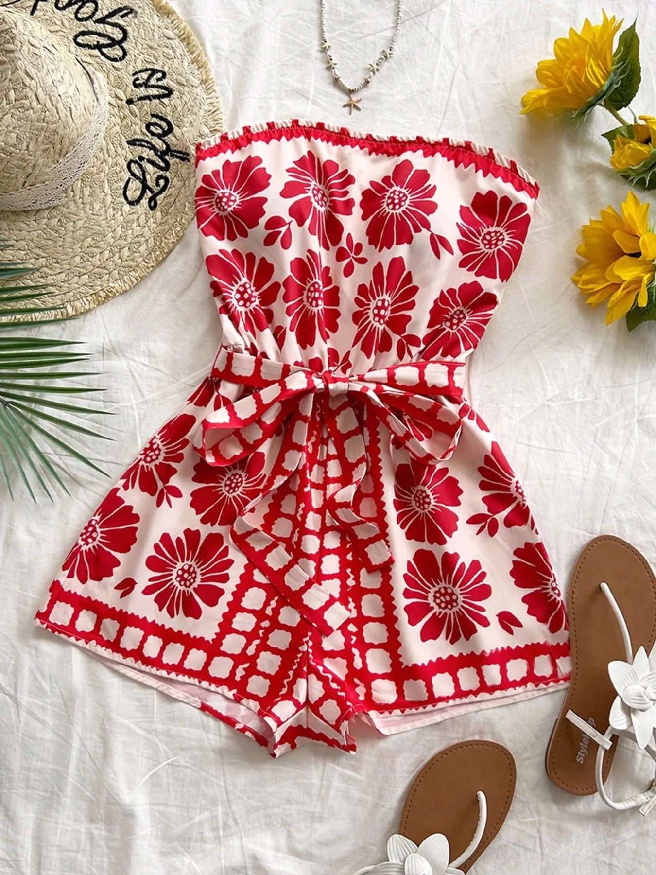 Printed Romper Deep Red