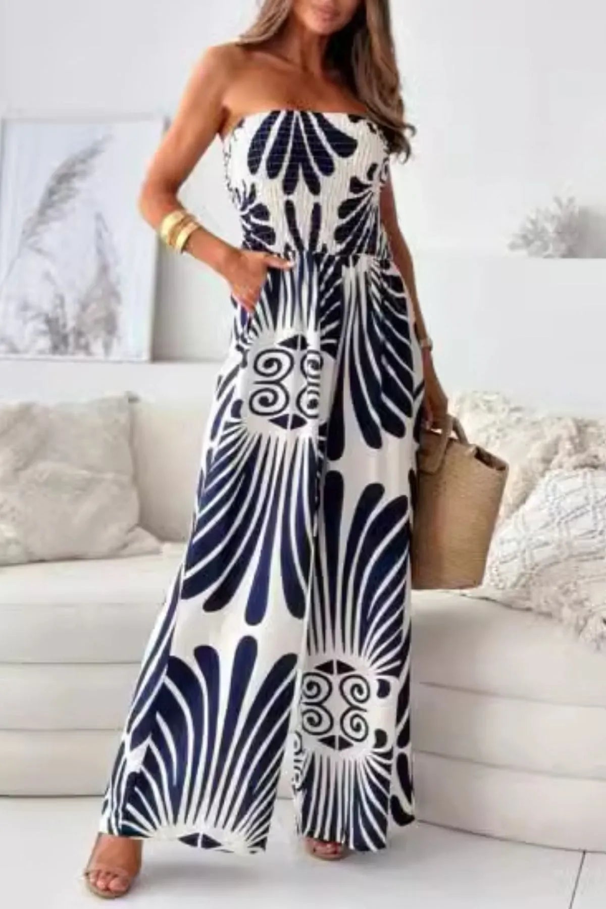 Printed Tropical-Style Jumpsuit Navy Blue