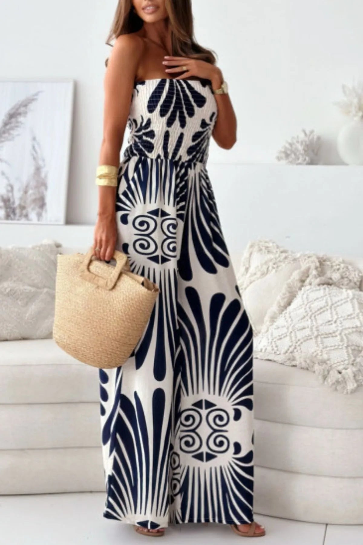 Printed Tropical-Style Jumpsuit Navy Blue