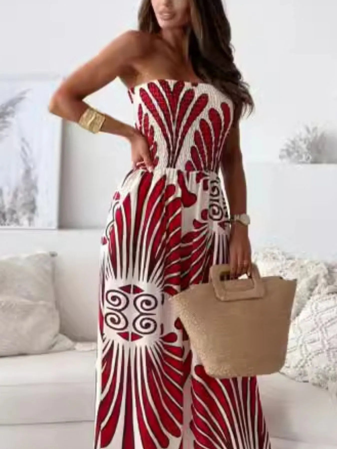 Printed Tropical-Style Jumpsuit Red
