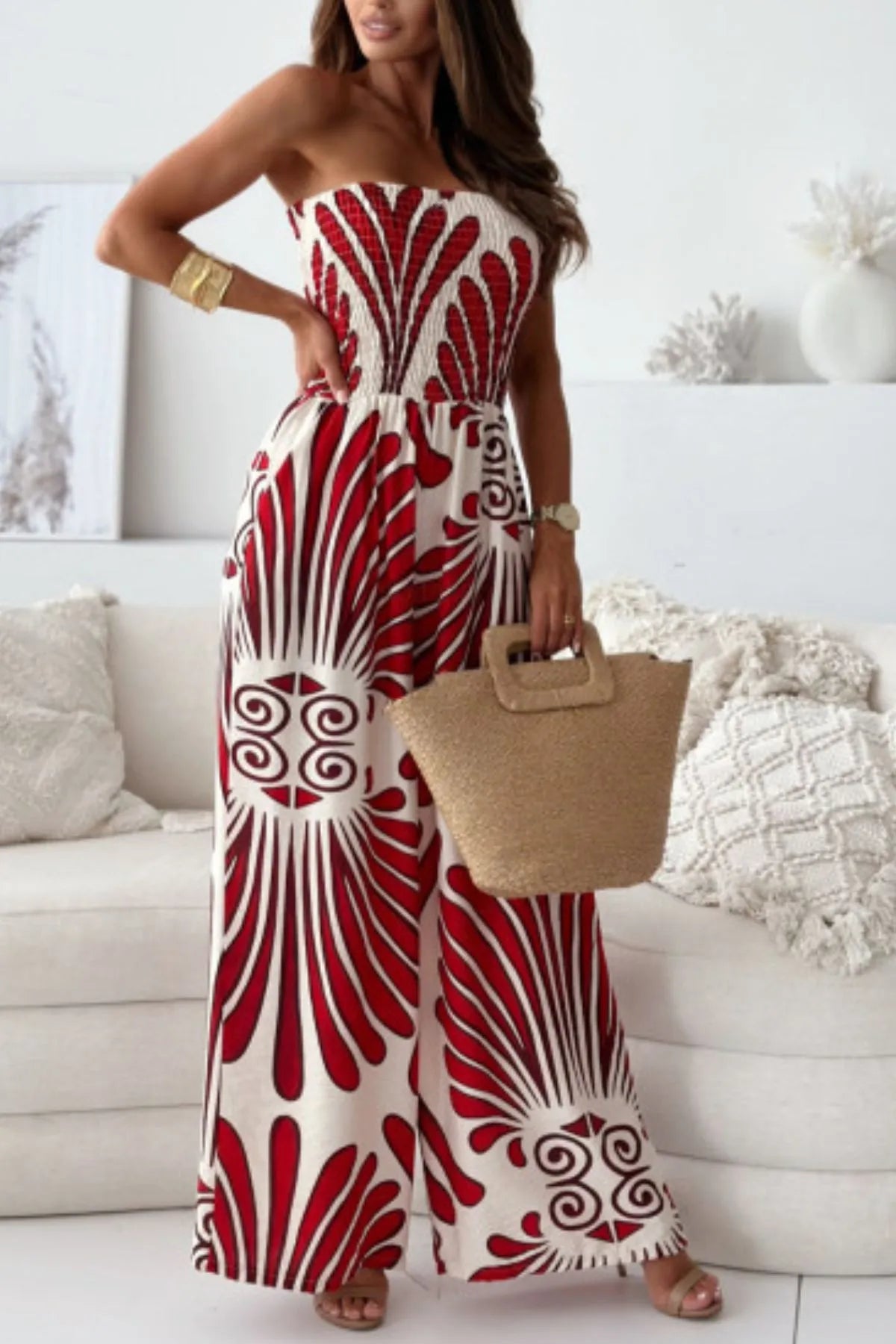 Printed Tropical-Style Jumpsuit Red