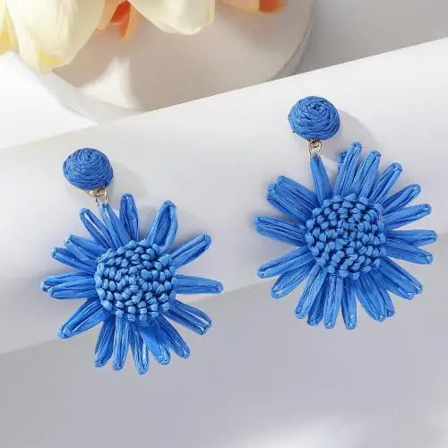 Rattan Boho Earrings Blue