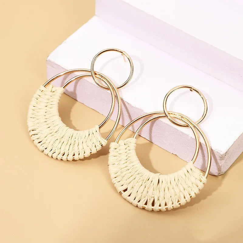 Rattan Boho Earrings White 1