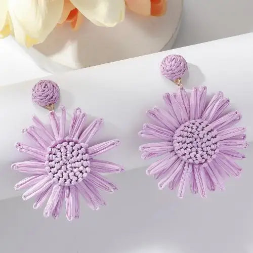 Rattan Boho Earrings Purple