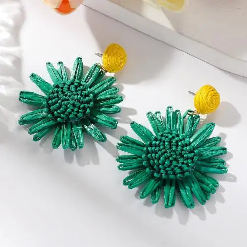 Rattan Boho Earrings Yellow Green