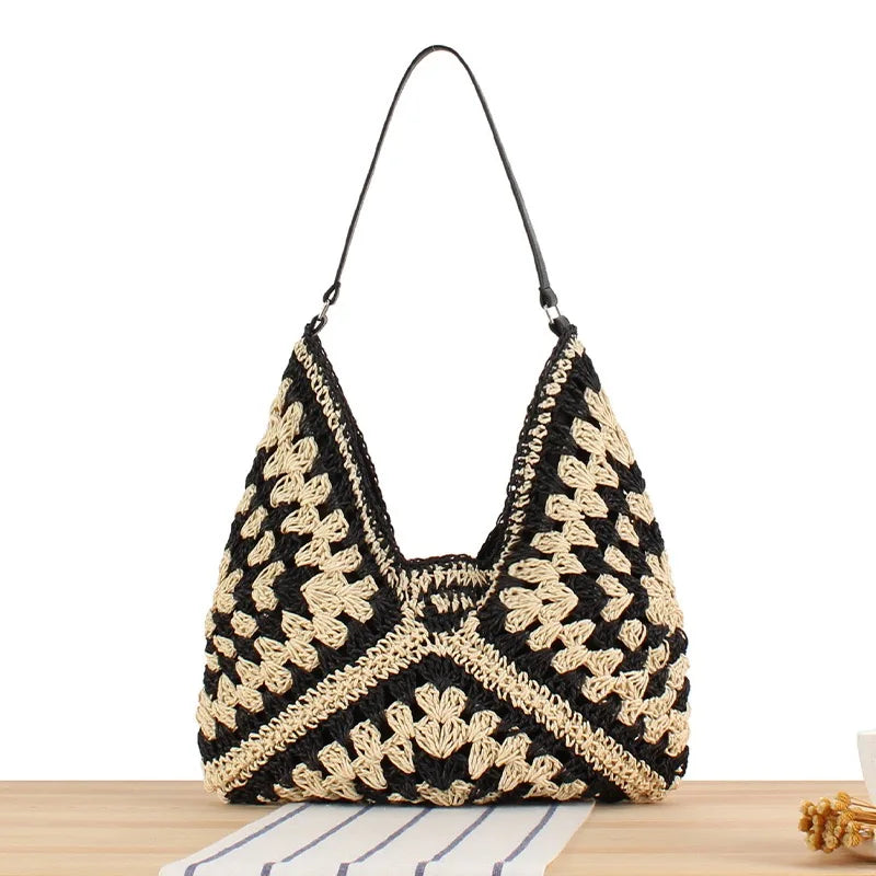 Straw Bohemian Bag Black 34cmx35cmx1cm