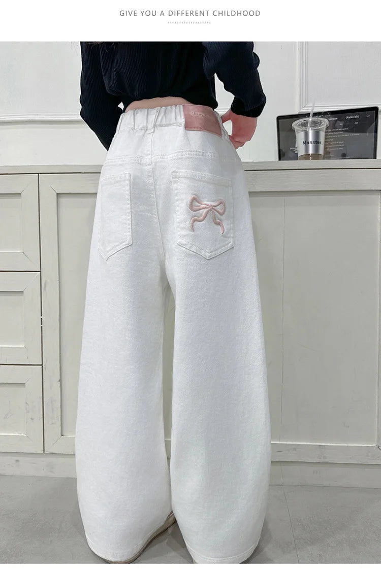 White Straight Jeans with Bows