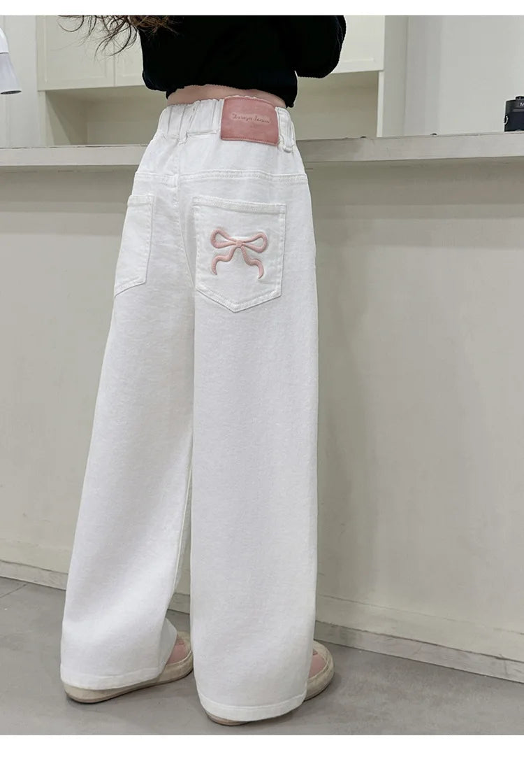 White Straight Jeans with Bows