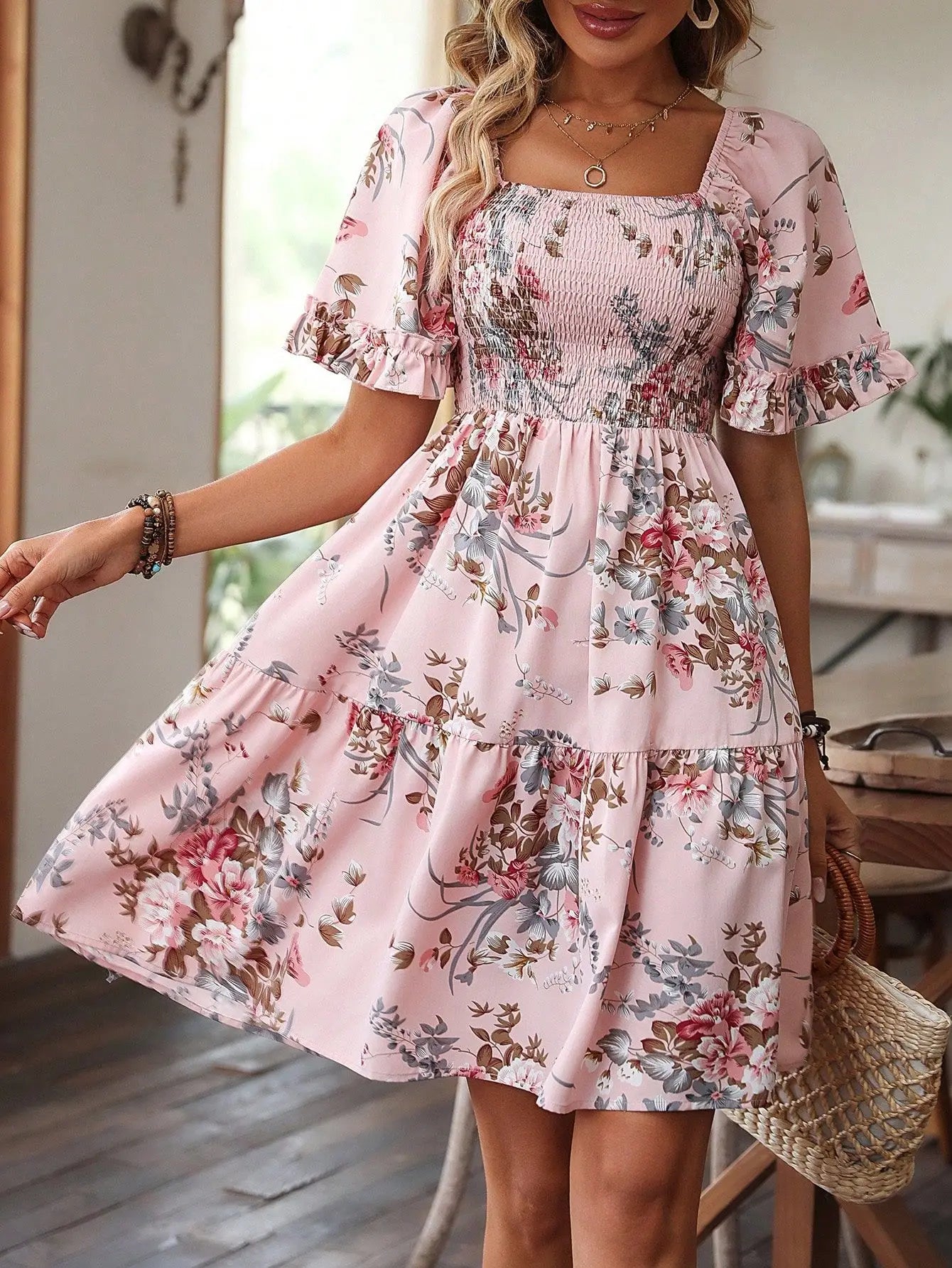 Boho Floral Smocked Dress
