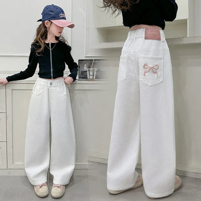White Straight Jeans with Bows