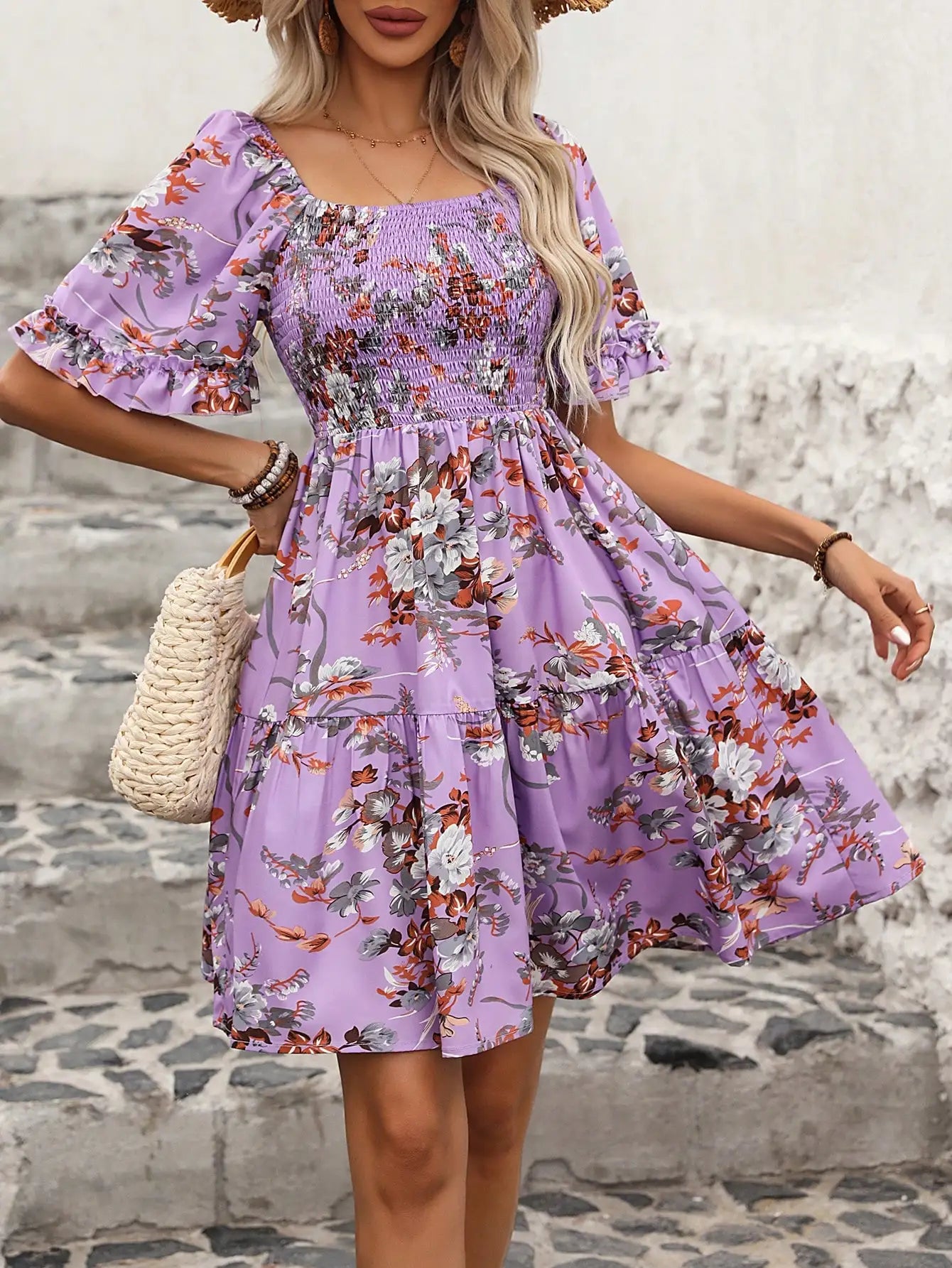 Boho Floral Smocked Dress