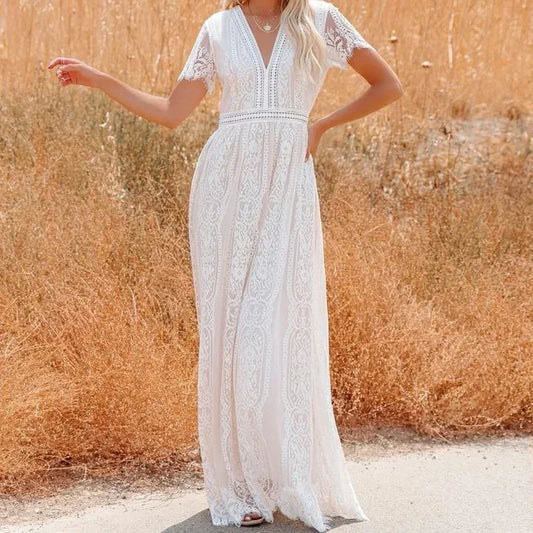 V-Neck Lace Maxi Dress