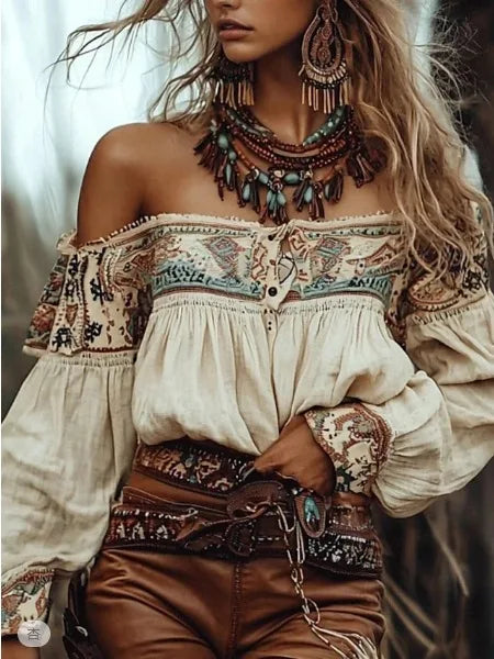 Bohemian Off Shoulder Top Beige