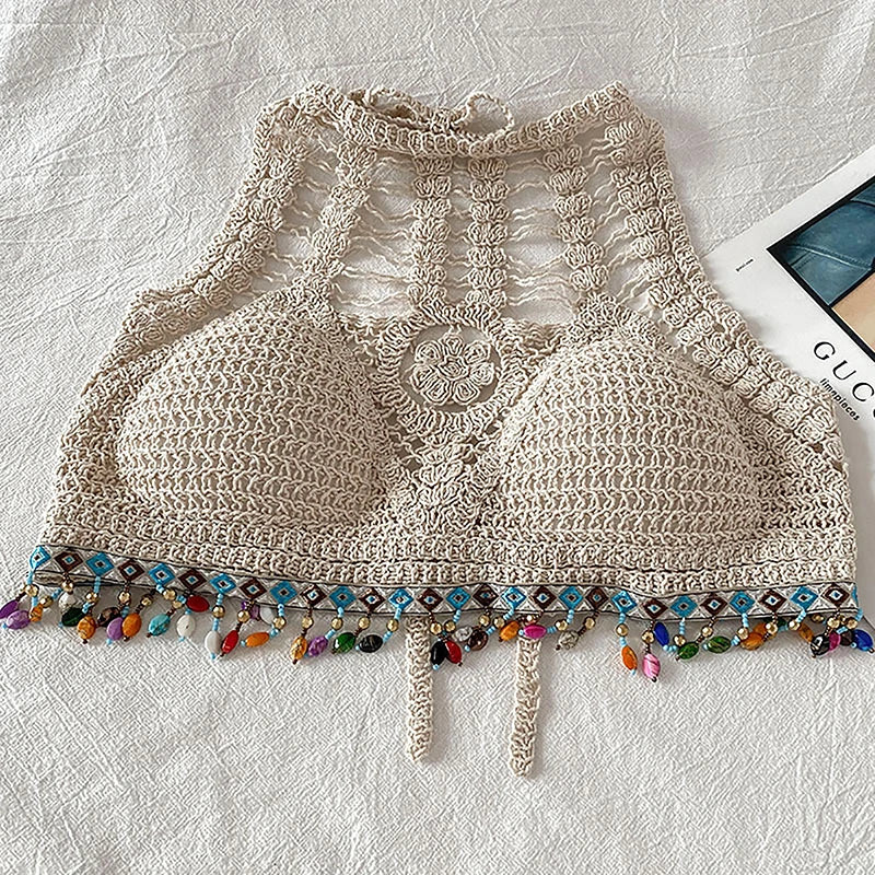 Boho Ethnic Style Top Beige and Blue One Size