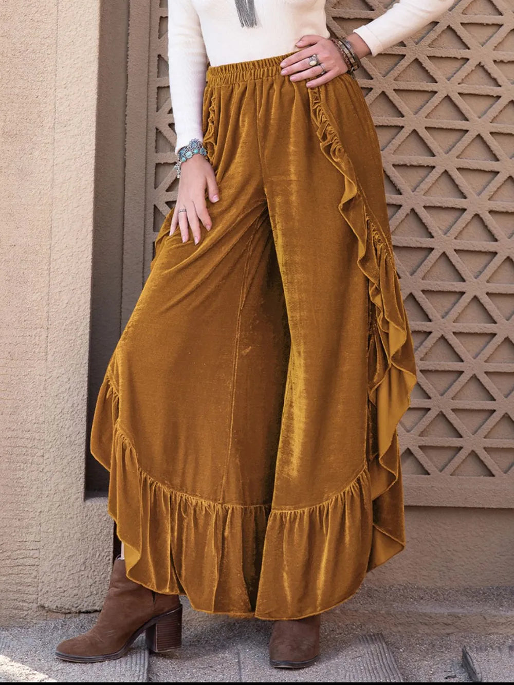 Slit Ruffle Wide Leg Pants Caramel