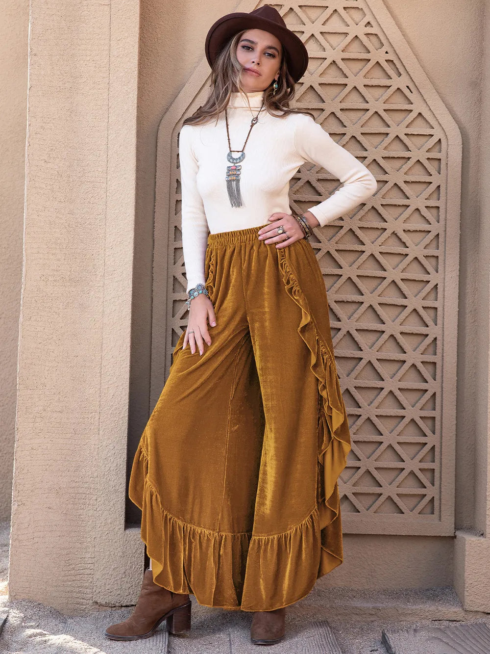 Slit Ruffle Wide Leg Pants Caramel