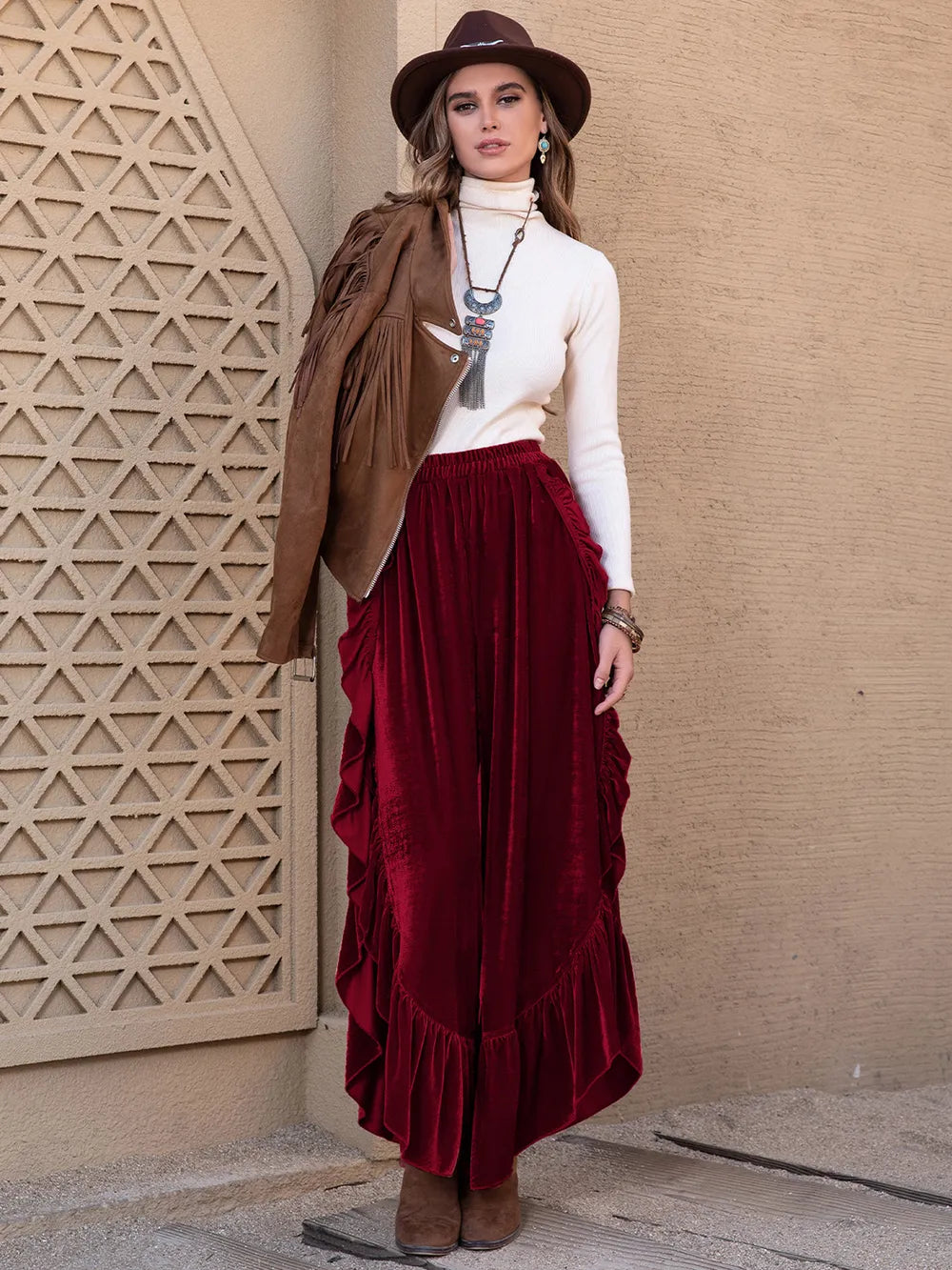 Slit Ruffle Wide Leg Pants Burgundy