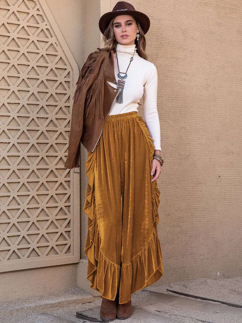 Slit Ruffle Wide Leg Pants Caramel