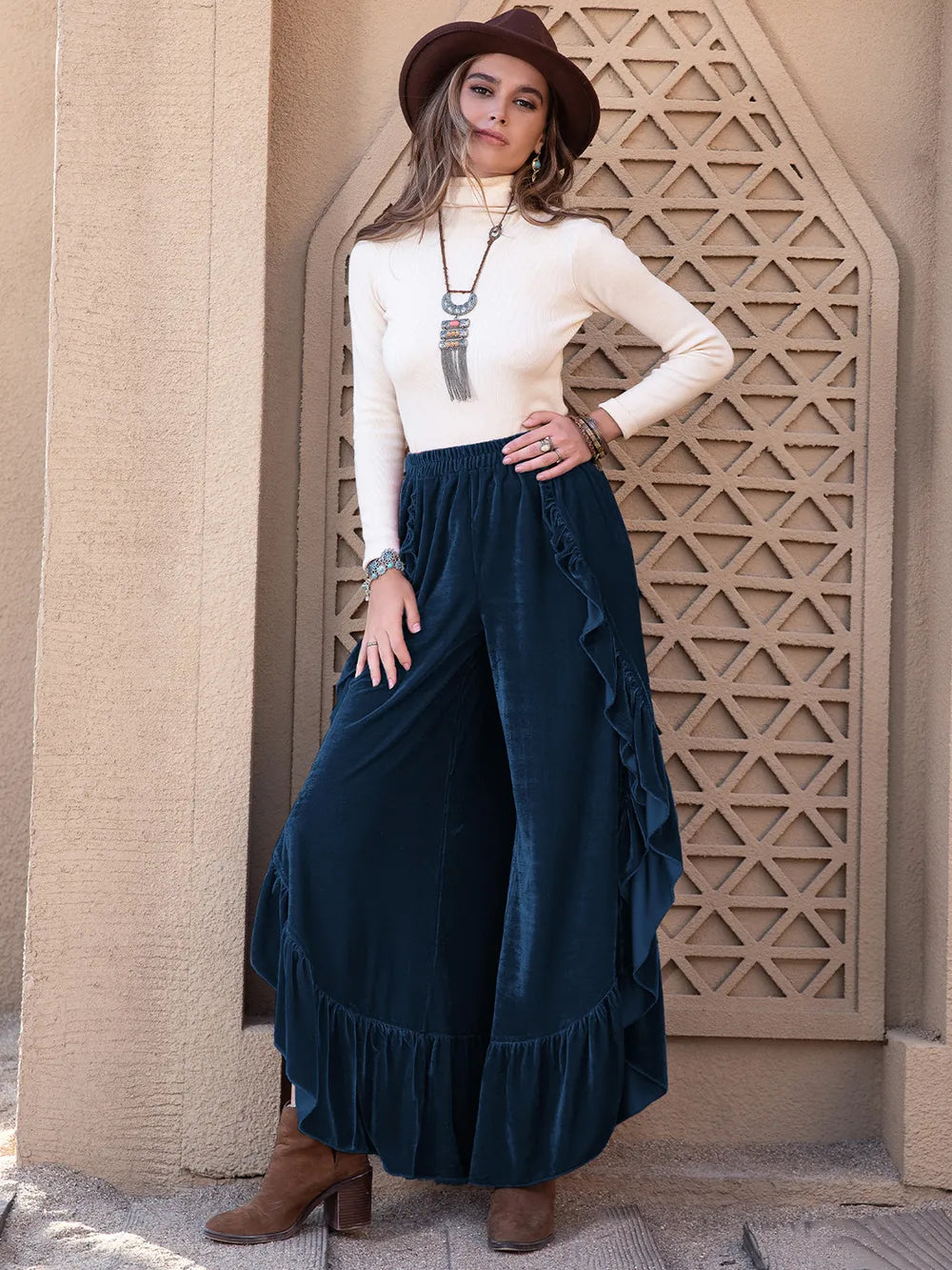 Slit Ruffle Wide Leg Pants Dark Blue