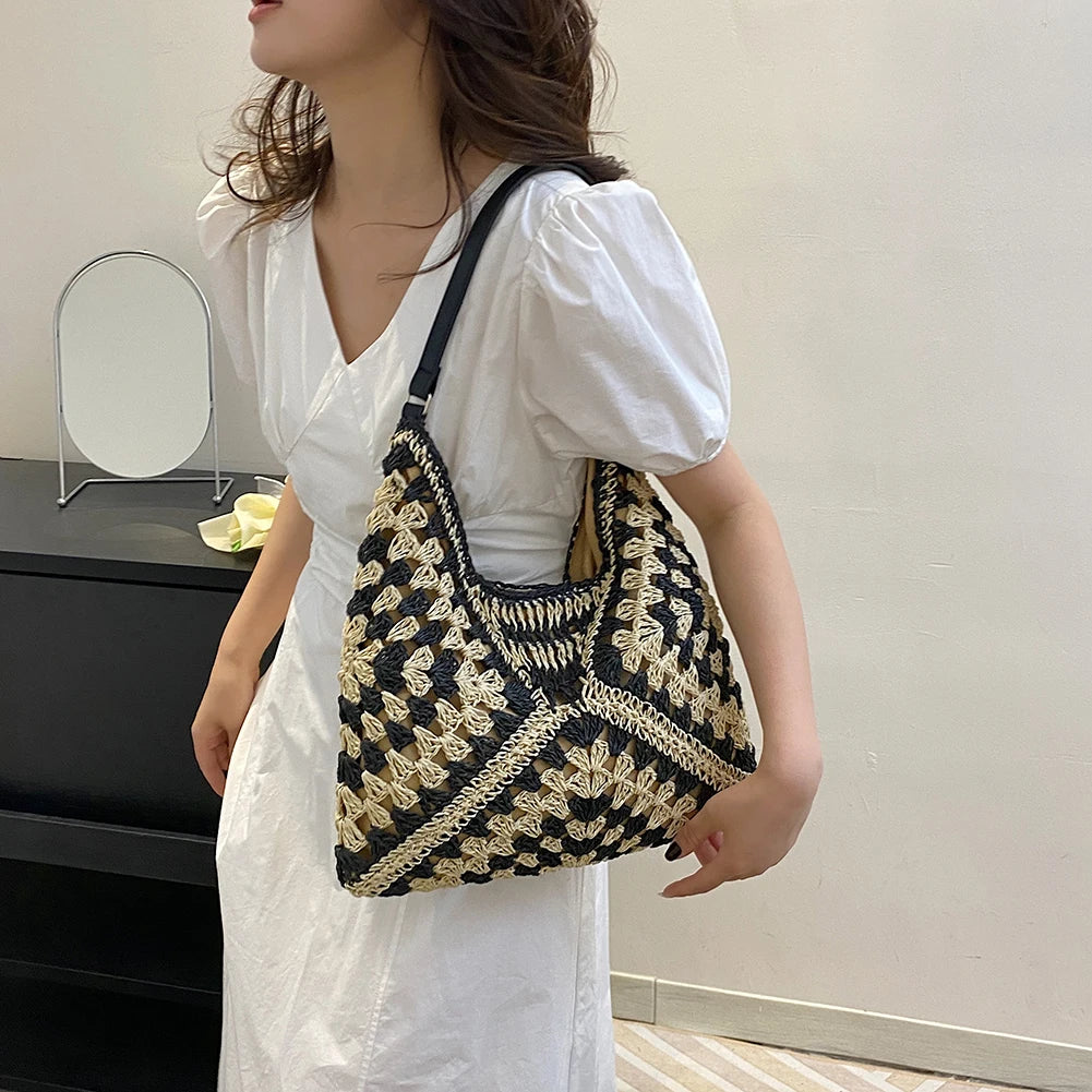 Straw Bohemian Bag Black 34cmx35cmx1cm