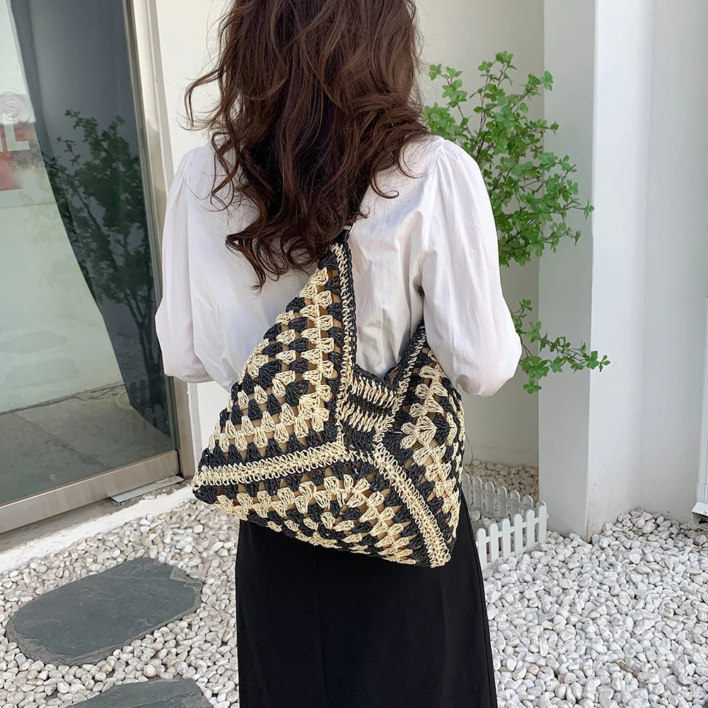 Straw Bohemian Bag Black 34cmx35cmx1cm
