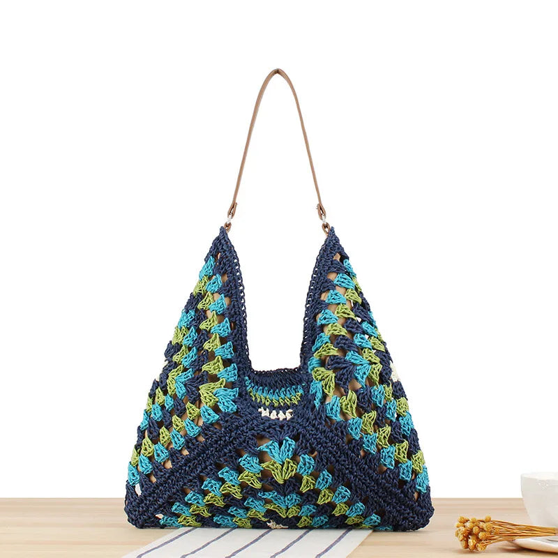 Straw Bohemian Bag Blue 34cmx35cmx1cm