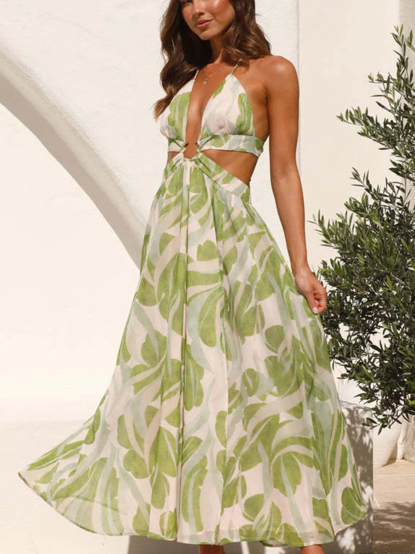 Tropical Print Maxi Dress Light Green