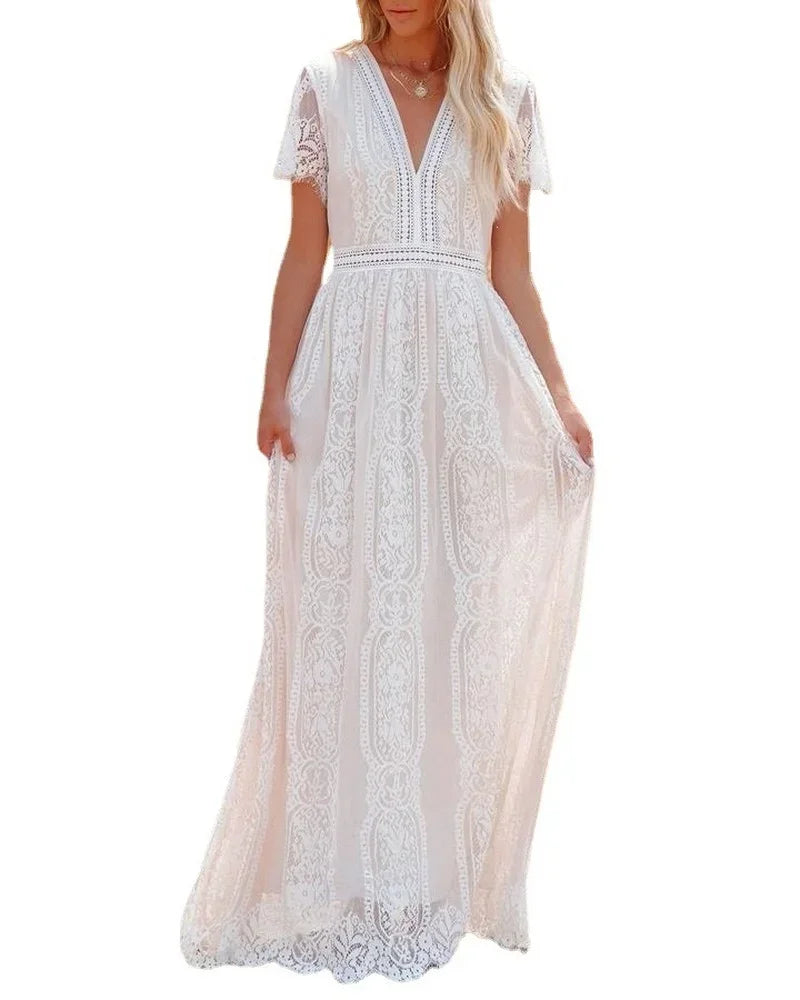 V Neck Lace Dress White