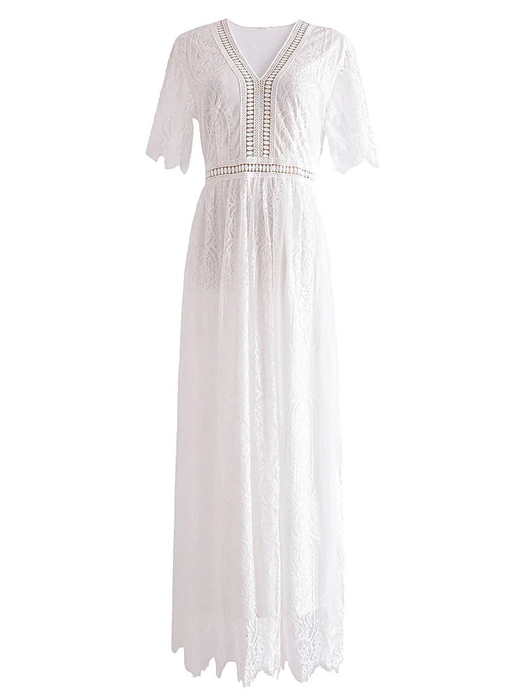 V Neck Lace Dress White