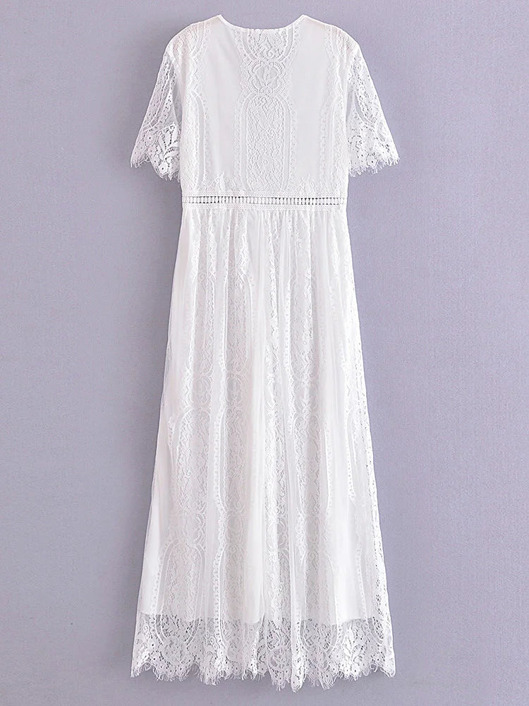 V Neck Lace Dress White