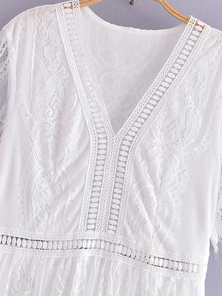 V Neck Lace Dress White