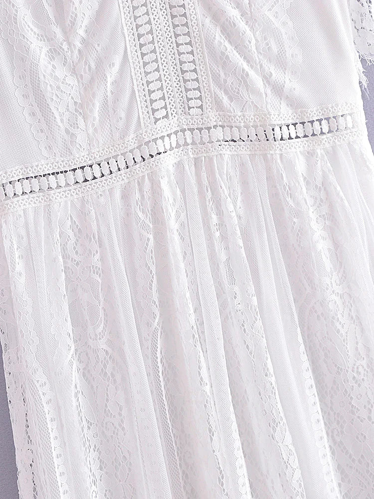 V Neck Lace Dress White