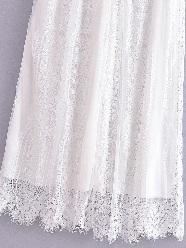 V Neck Lace Dress White
