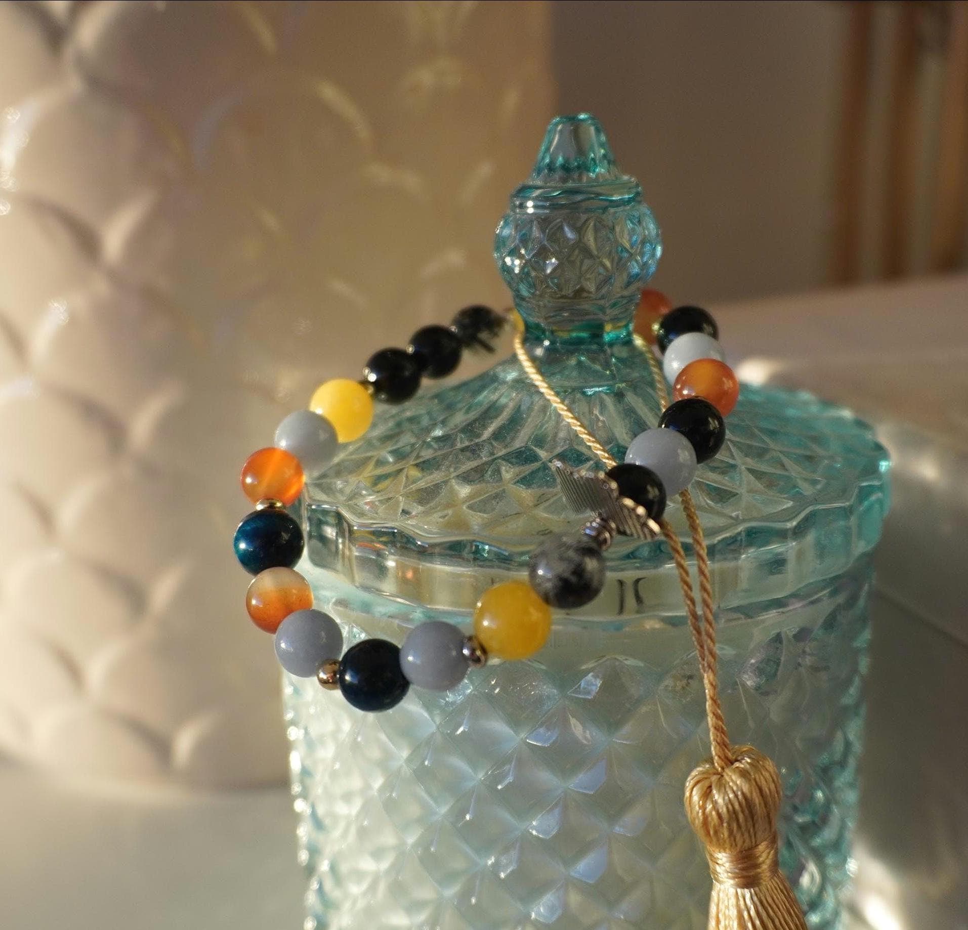 Gemstone Charm Bracelets! Protection & Happiness - Angelite - Yellow Agate - Black Onyx - Orange Agate - Tourmalated Quartz - Blue Tiger Eye