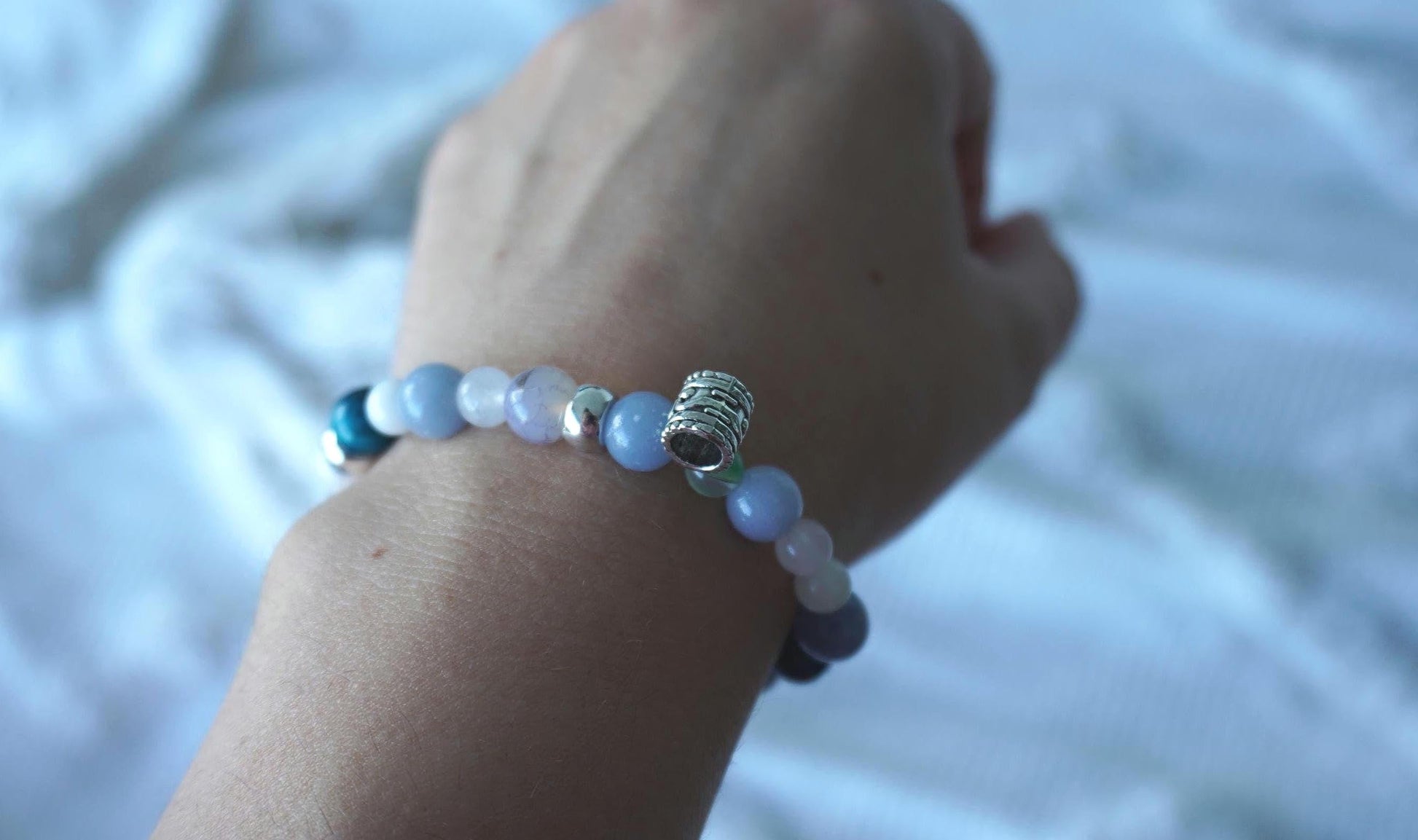 Gemstone Charm Bracelets! Peace Purity & Positivity - Angelite - Amethyst - White Jade - White Freshwater Pearls - Blue Quartz - Blue Tiger Eye - Chalcedony - Zebra Jasper