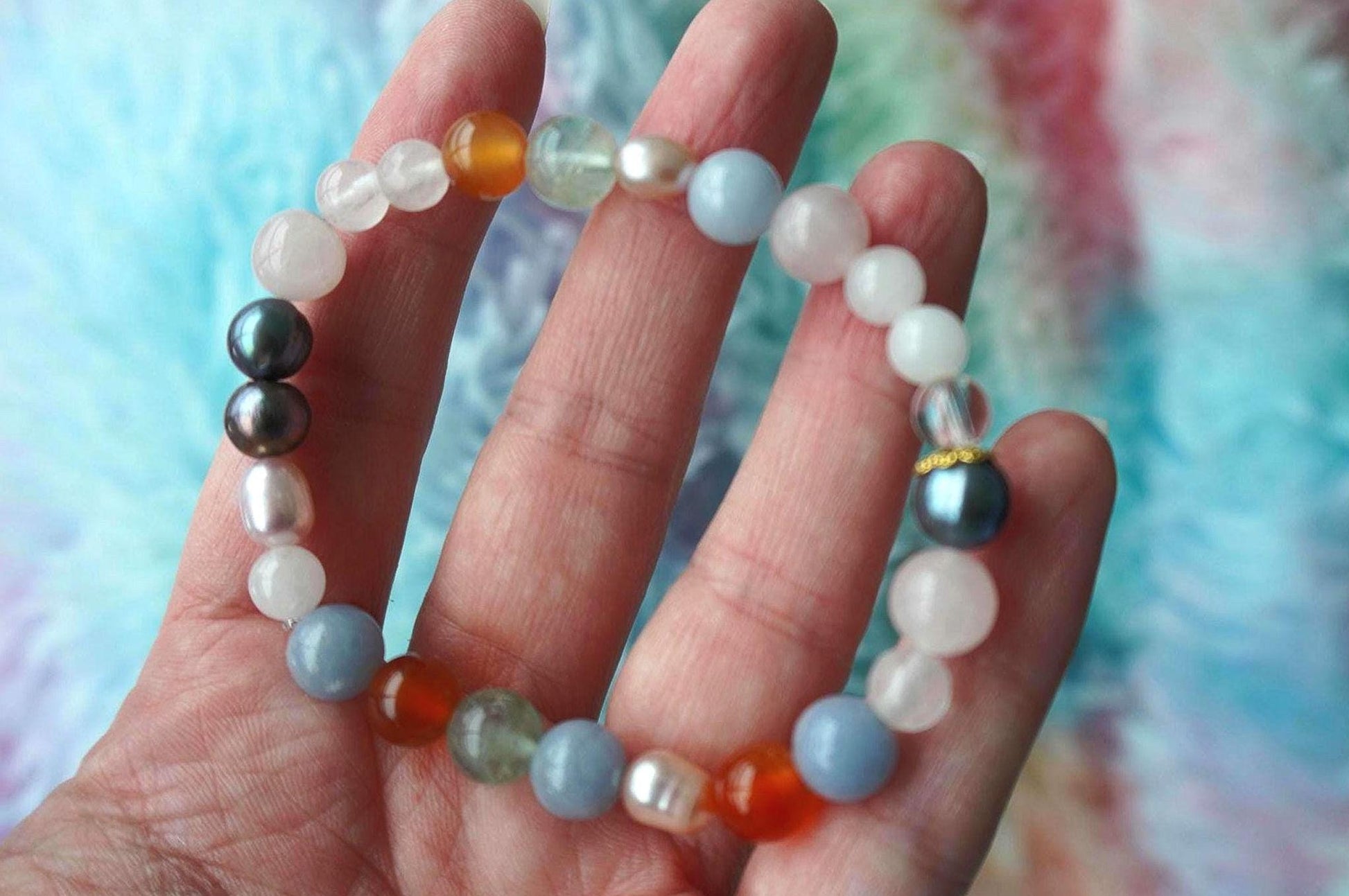 Gemstone Charm Bracelets! Happiness & Purity - Orange Agate - Pink and Purple Freshwater Pearls - Angelite - White Jade - Fluorite