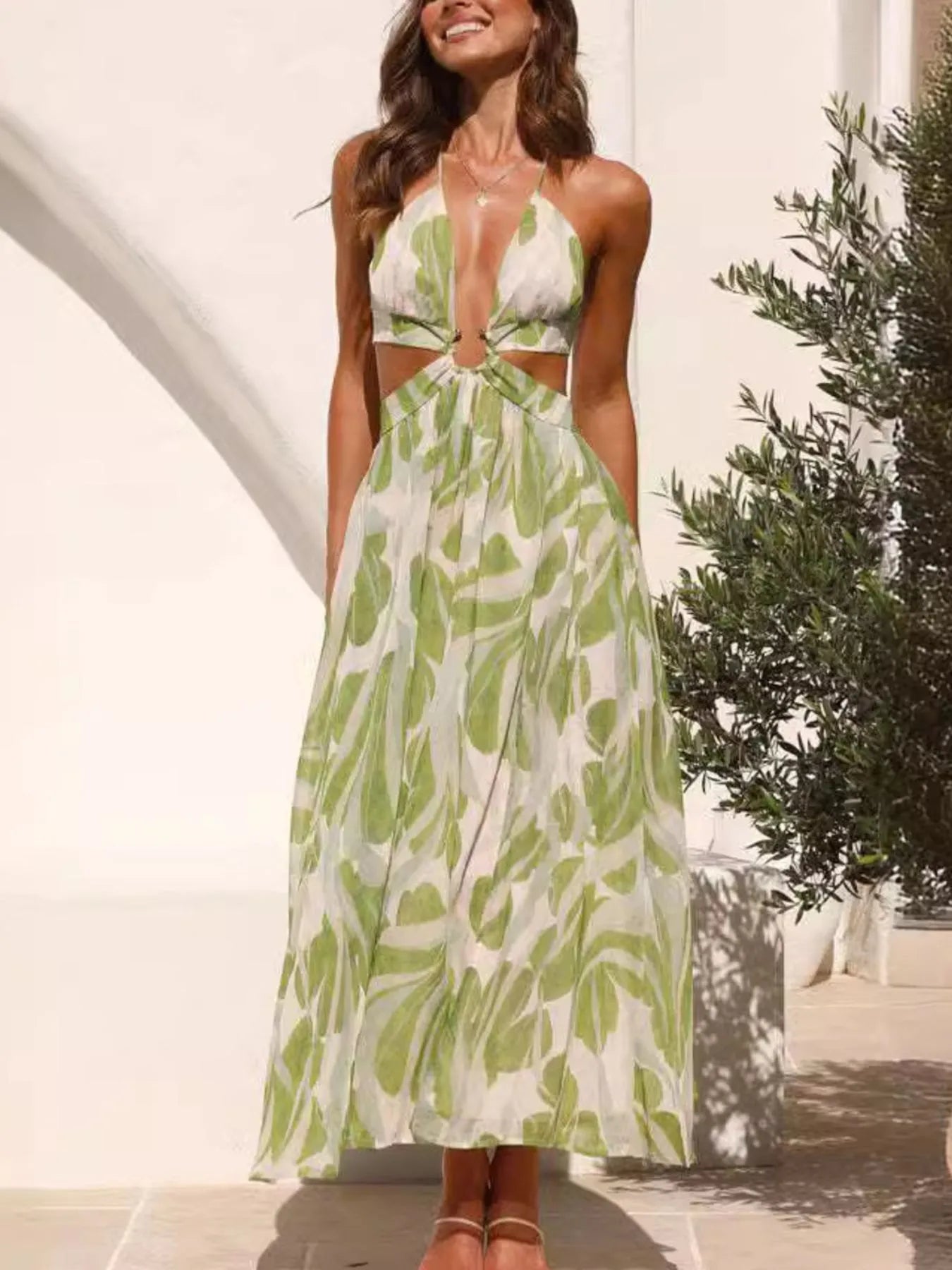 Tropical Print Maxi Dress Light Green