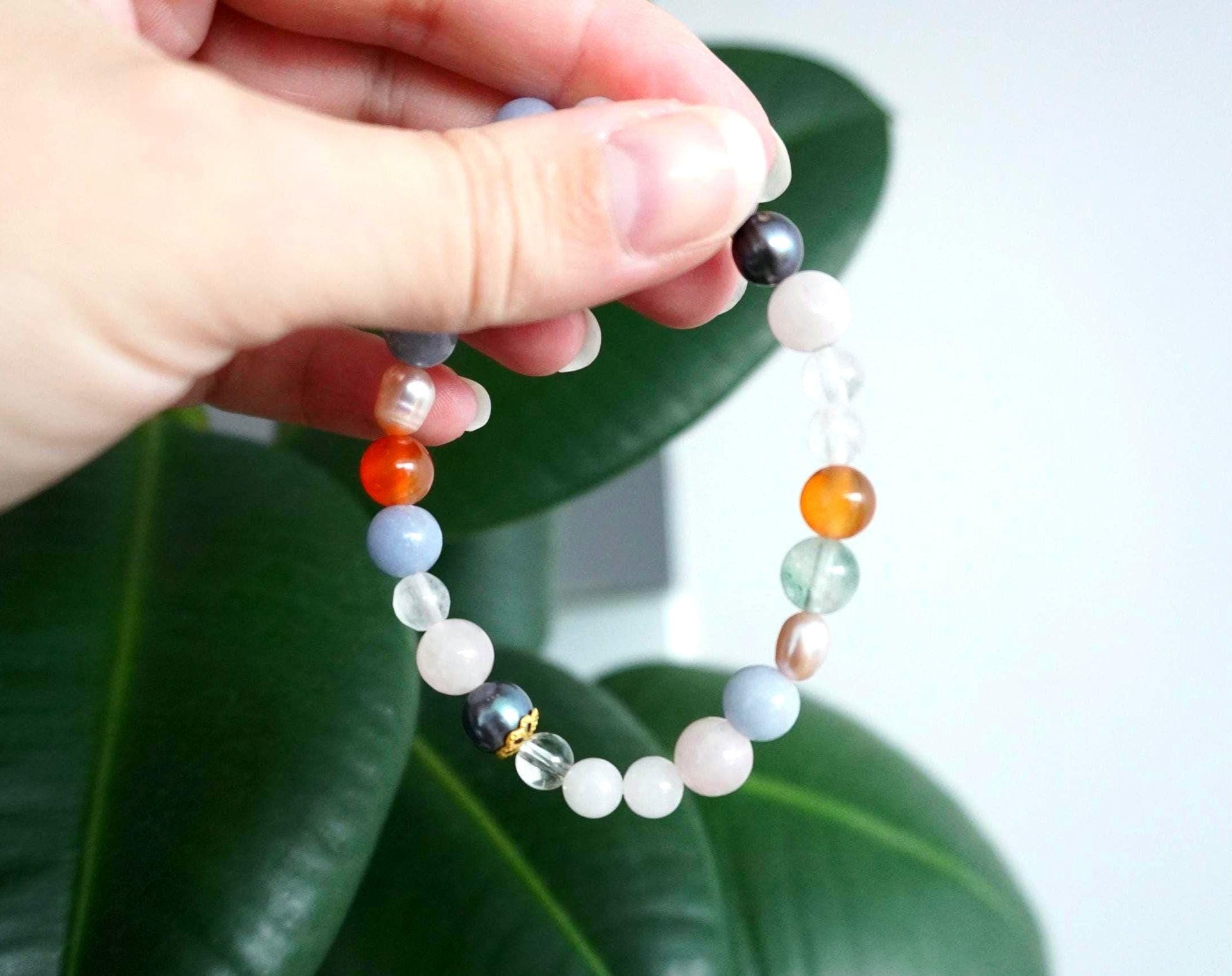 Gemstone Charm Bracelets! Happiness & Purity - Orange Agate - Pink and Purple Freshwater Pearls - Angelite - White Jade - Fluorite