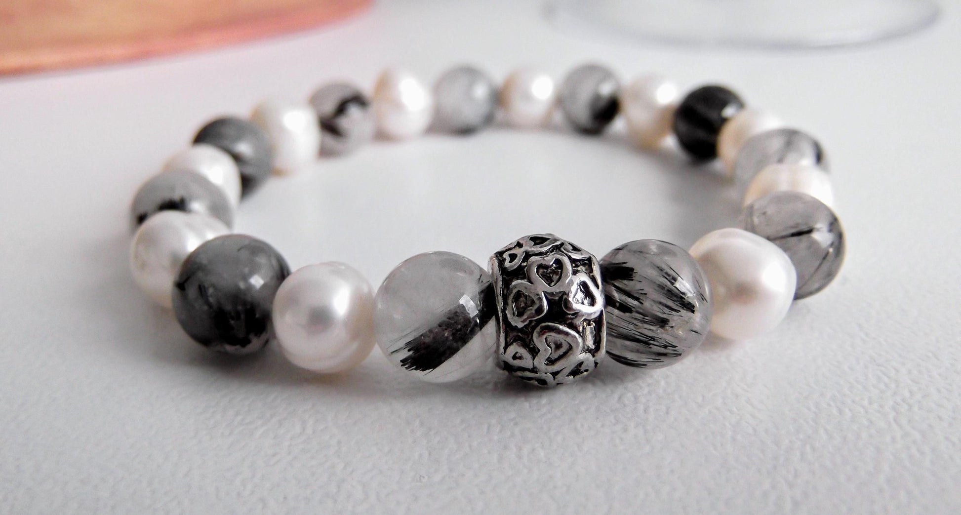Gemstone Charm Bracelets! Positivity & Purity - White Freshwater Pearls - Tourmalated Quartz