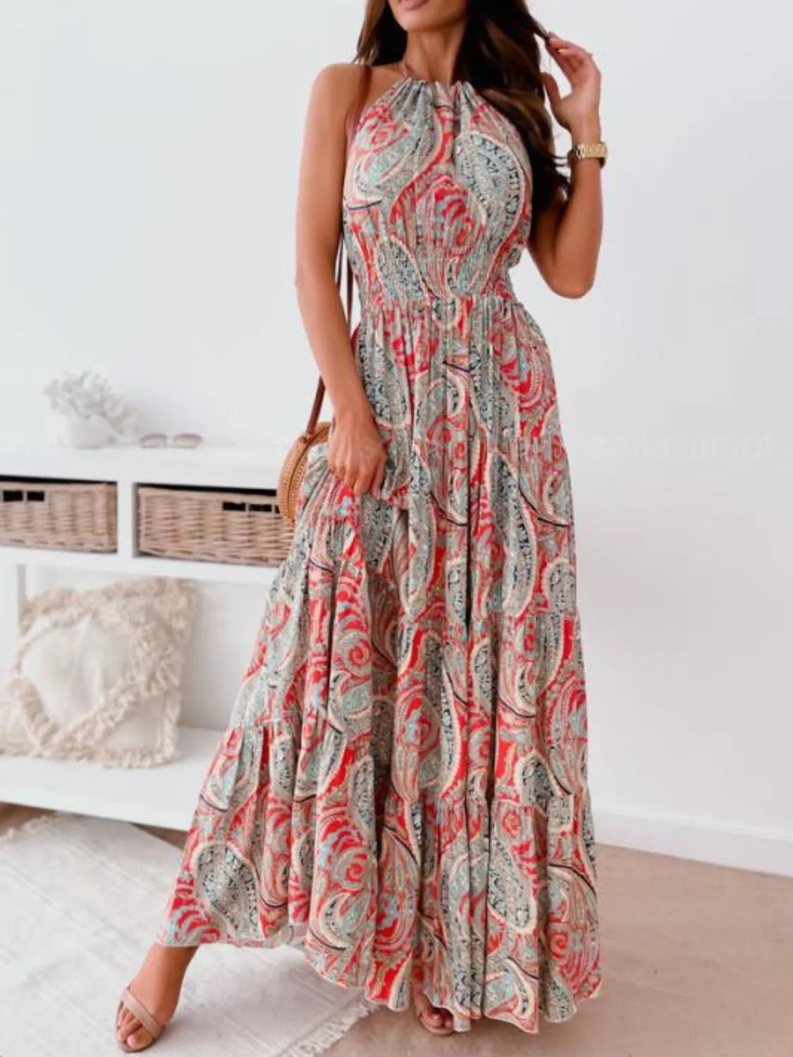 Printed Halter Maxi Dress Red Flower