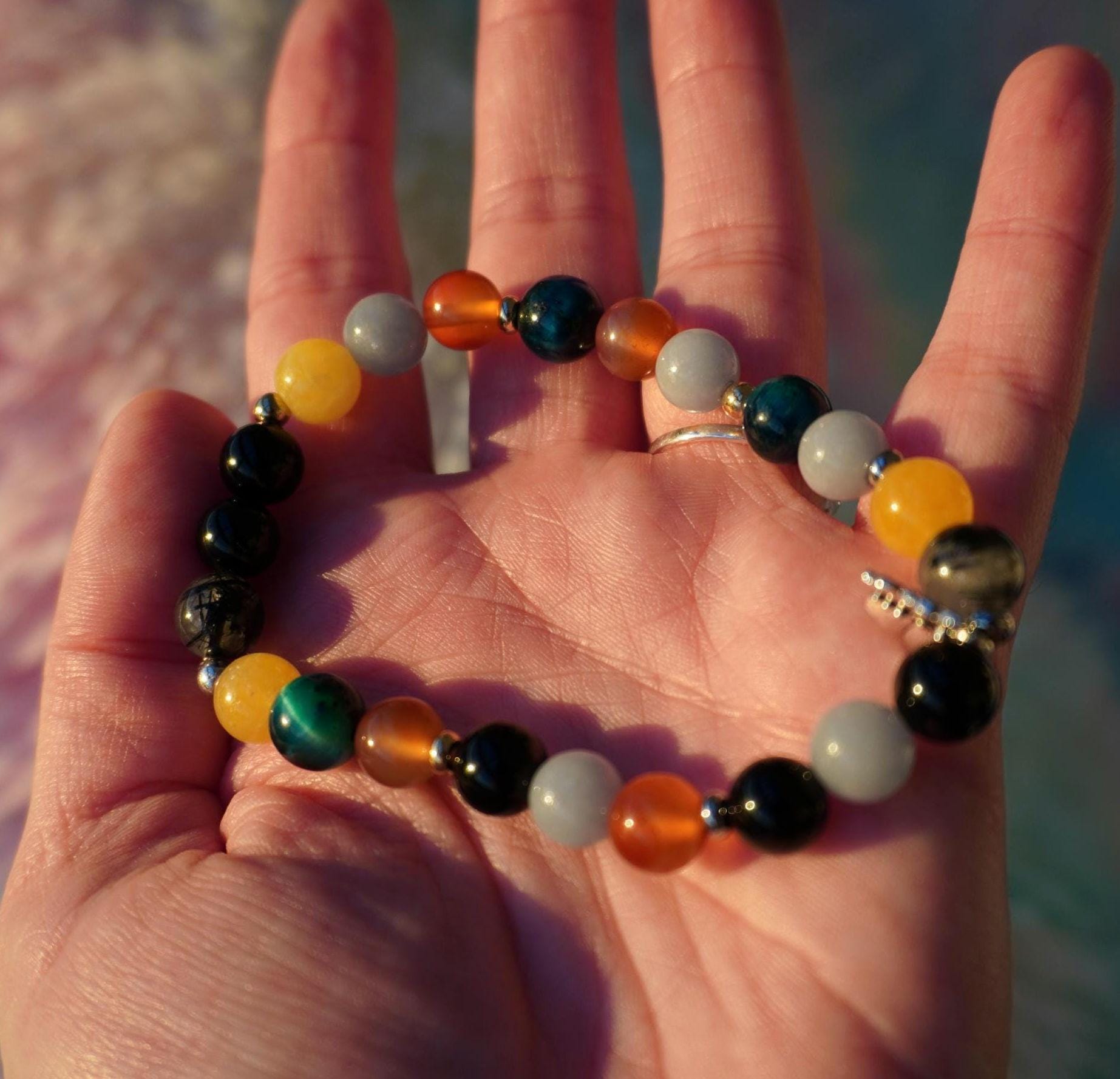 Gemstone Charm Bracelets! Protection & Happiness - Angelite - Yellow Agate - Black Onyx - Orange Agate - Tourmalated Quartz - Blue Tiger Eye