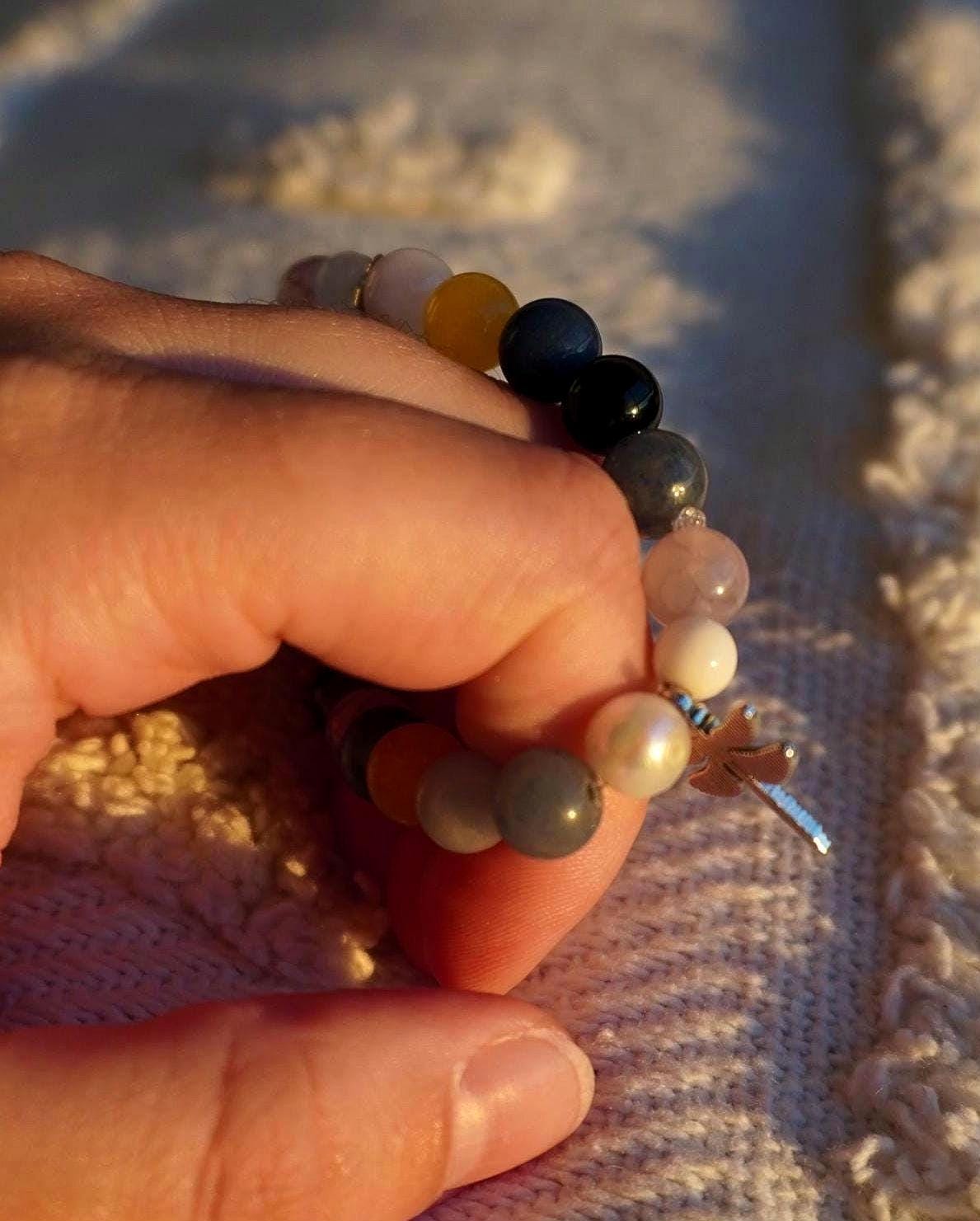Gemstone Charm Bracelets! Peace & Positivity - Red Jasper - Angelite - White Jade - Morganite - Fluorite - Yellow Agate - Blue Quartz - Freshwater White Pearl - Black Onyx