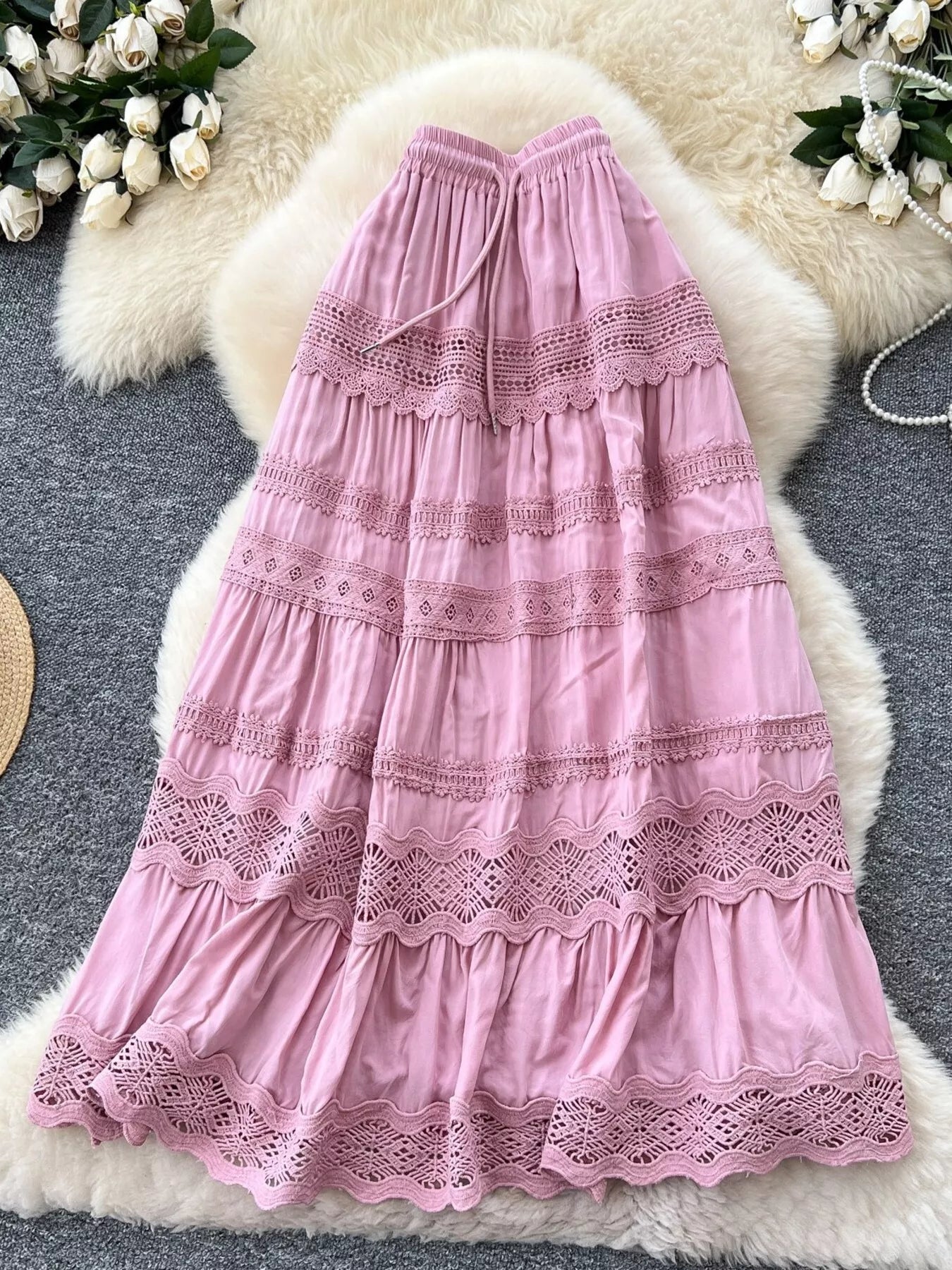 Pink boho tiered skirt with lace crochet trim and elastic waist