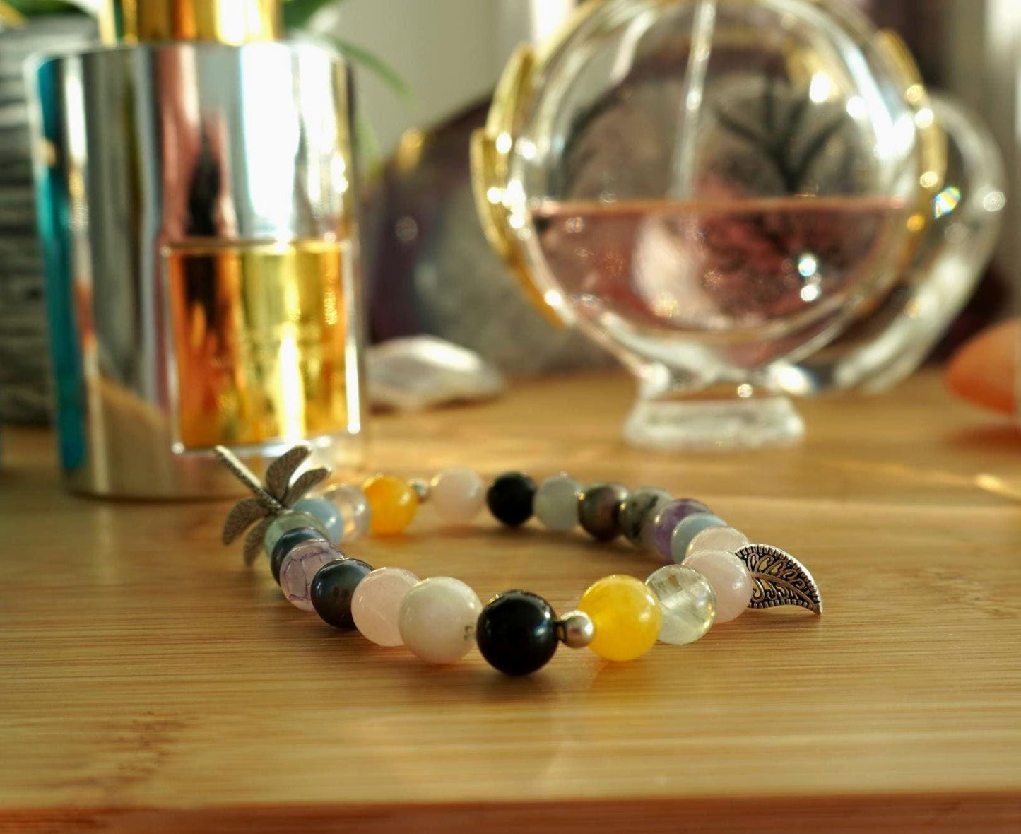 Gemstone Charm Bracelets! Happiness & Life - Purple Freshwater Pearls - Rose Quartz - Yellow Agate - Morganite - Tourmalated Quartz - Fluorite - Angelite - Black Onyx