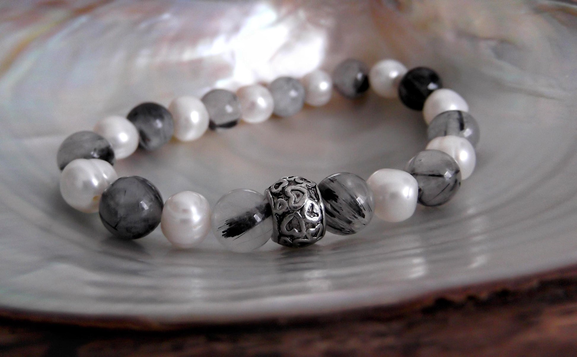 Gemstone Charm Bracelets! Positivity & Purity - White Freshwater Pearls - Tourmalated Quartz