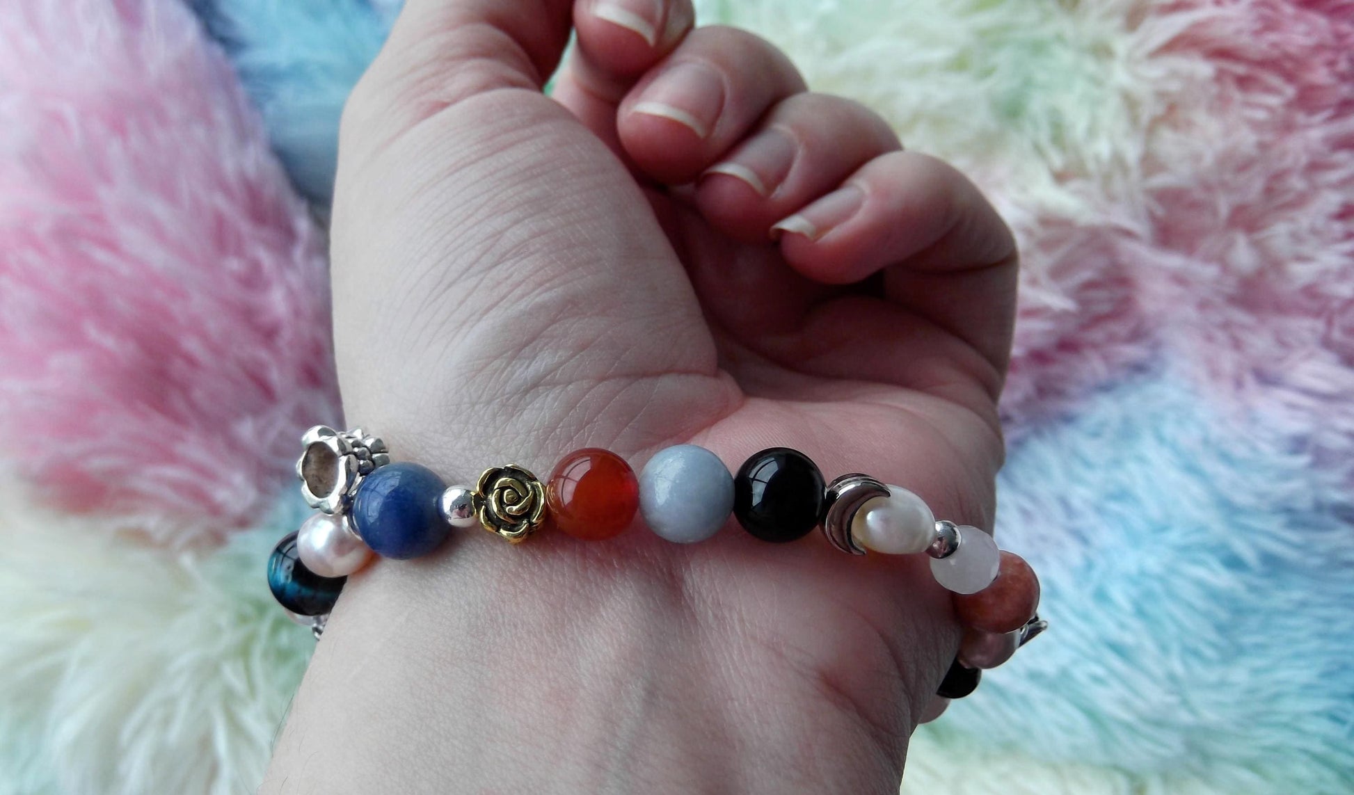 Gemstone Charm Bracelets! Happiness Peace & Clarity - Red Jasper - Orchid Calcite - Clear Quartz - Black and Orange Agate - Angelite - Amethyst - White Jade - Pink and Purple Freshwater Pearls - Black Agate - Blue Tiger Eye - Rainbow Fluorite - Rose Quartz - Purple Jade