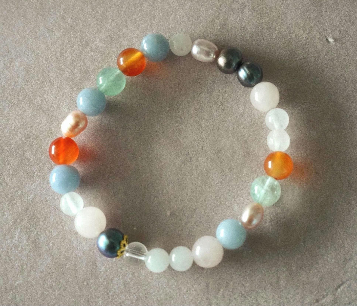 Gemstone Charm Bracelets! Happiness & Purity - Orange Agate - Pink and Purple Freshwater Pearls - Angelite - White Jade - Fluorite