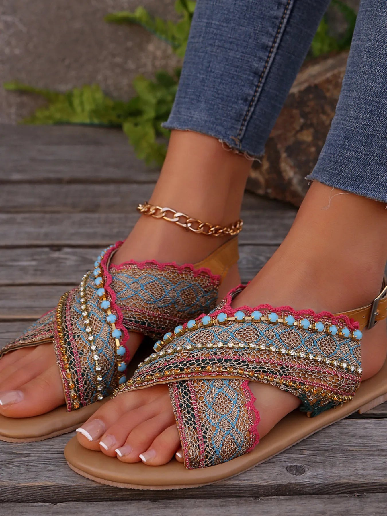 Cross Flat Sandals Burgundy